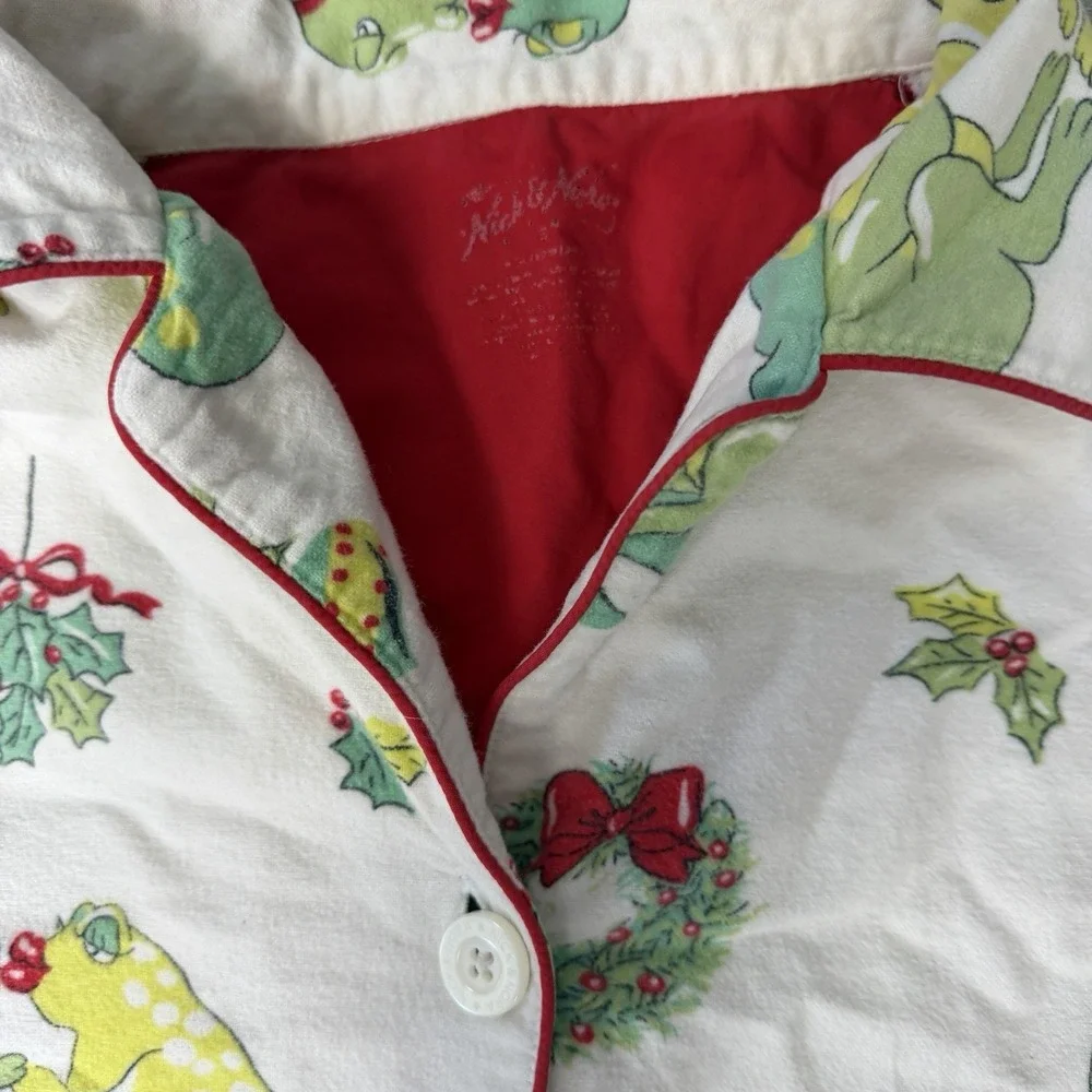 Vintage Nick & Nora Christmas Kissing Frog Flannel Pajama Set S 100% Cotton‎